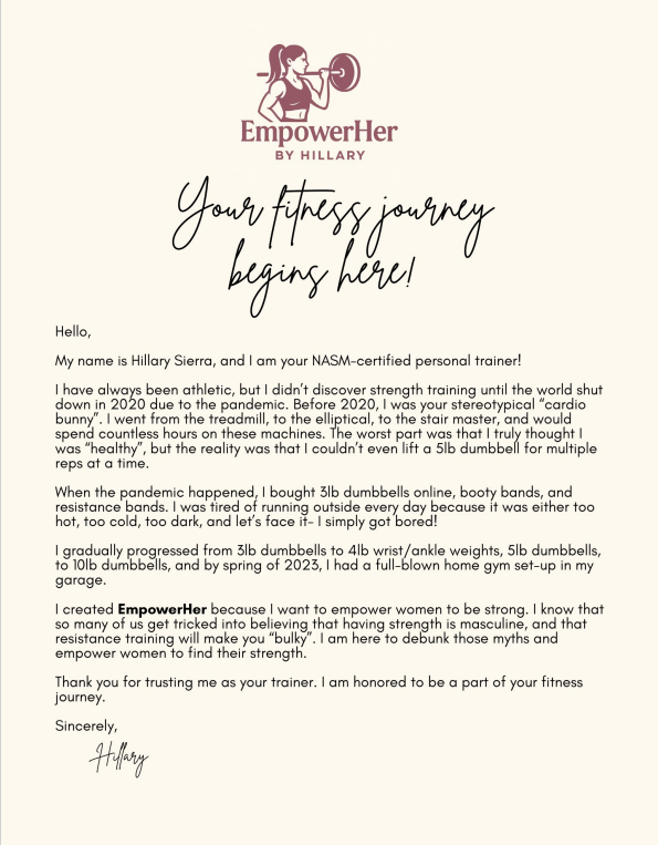 Letter from EmpowerHer by Hillary Sierra, a NASM-certified personal trainer, about her fitness journey and services.