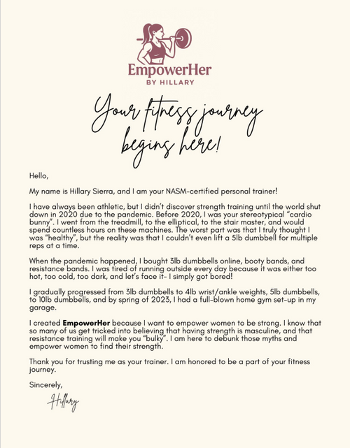 Letter from EmpowerHer by Hillary Sierra, a NASM-certified personal trainer, about her fitness journey and services.