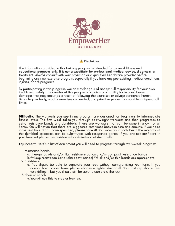 EmpowerHer by Hillary training program document with disclaimer and information on difficulty and equipment.